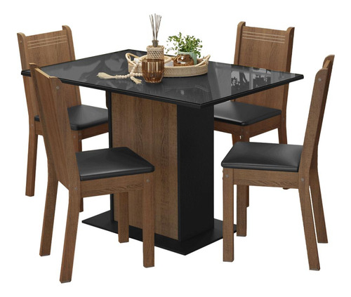 Sala De Jantar Mesa Tampo De Vidro 4 Cadeiras Camélia Madesa Cor Rustic/preto/sintético Preto