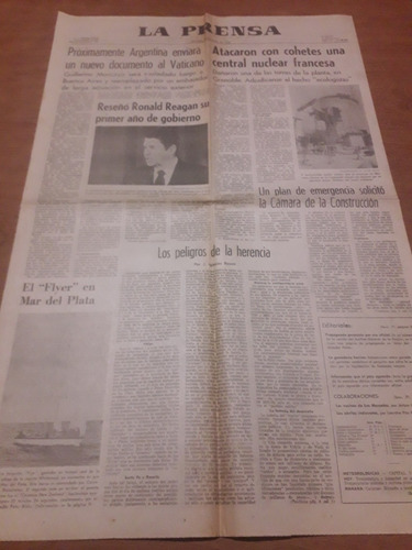 Tapa Diario La Prensa 20 1 1982 Reagan Nuclear Mar Del Plata