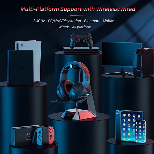 Fone de ouvido over-ear gamer sem fio Binnune Gamer BW01 preto e vermelho