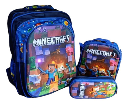 Kit Mochila Escolar Infantil Con Luz 3d Primaria 3pzas Minecraft Azul