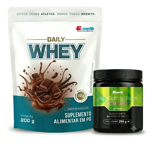 Kit Growth Daily Whey Protein Chocolate 800g Creatina Monohidratada 250g
