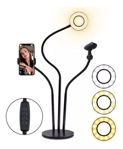 Aro Luz Led Selfie Foto Soporte Celular Microfono 3 En 1