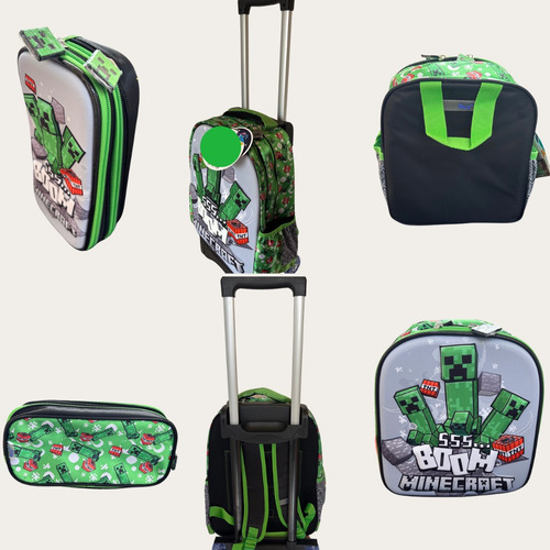 Kit Completo De Mochila Escolar Con Ruedas Minecraft Con Luz Verde Lima Minecraft Con Luz R