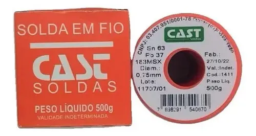 Solda Estanho 0,75mm C/ Fluxo 63x37 Carretel 500g - Cast | Frete
