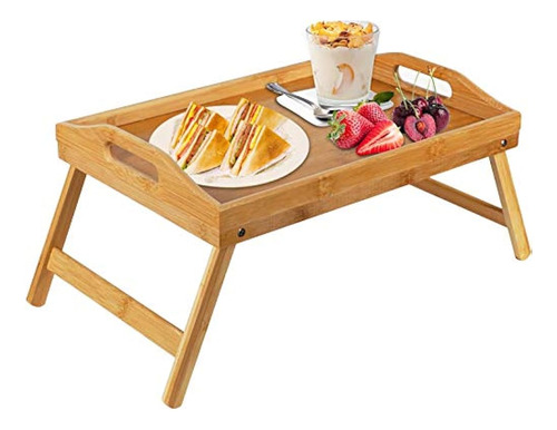 Mesa Con Bandeja De Cama De Bambú Con Patas Plegables, Bande