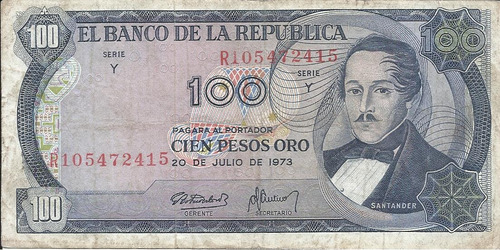 Colombia  Reposición 100 Pesos Oro 20 Julio 1973