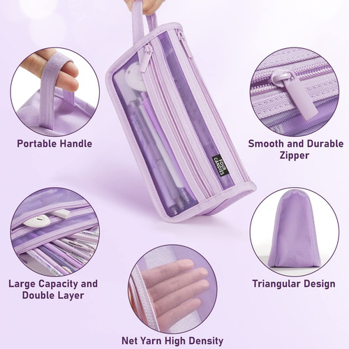 Estuche Para Lapices Color Lila Hecho De Malla Con Cierres