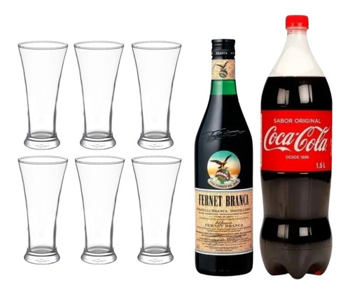 Vasos Vidrio Long Drink X6 + Fernet 750ml + Coca Cola 1,5lts