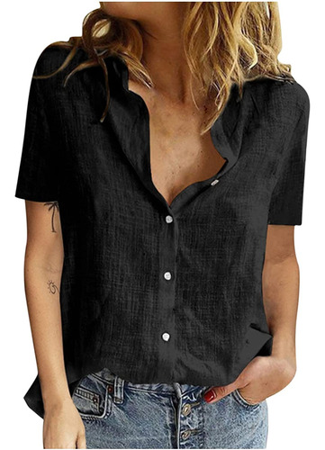 Blusa De Lino De Manga Corta Con Cuello En V Para Mujer