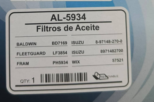 Filtro Aceite Ml 5934 Camion Y Buses Npr 4.3 L Isuzu 4hf1