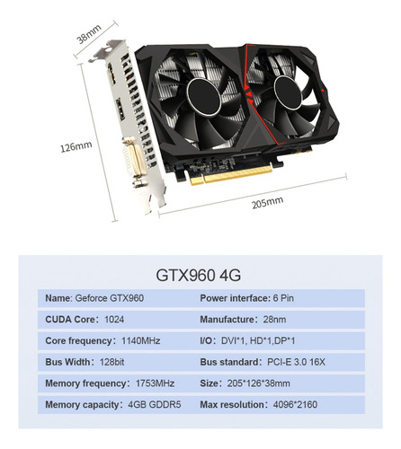 Tarjeta Gráfica Geforce Gtx960 Gddr5 De 4 Gb, 28 Nm, 1140 Mh