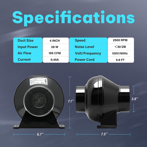 Ventilador De Escape En Línea Ipower, 4 Pulgadas, 195 Cfm, R