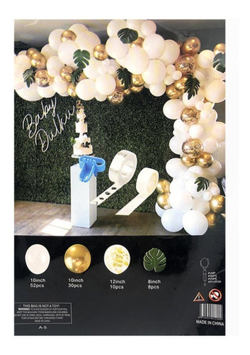Set Arco Globos Blanco Y Dorado + Cinta +anudador 103 Piezas