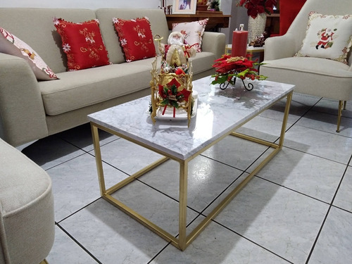 Mesa Centro Marmol Carrara Y Dorado 90x50x40 Cm Alto