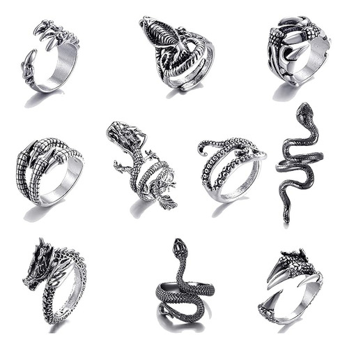 10 Piezas Anillo Dragon Serpiente Pulpo Anillo Ajustable Met