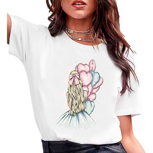 Polera Dama Estampada 100%algodon Mujer Globos Corazones 316