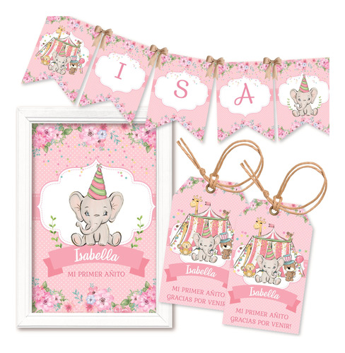 Mini Kit Imprimible Circo Elefante Rosa Carpa Animales Party