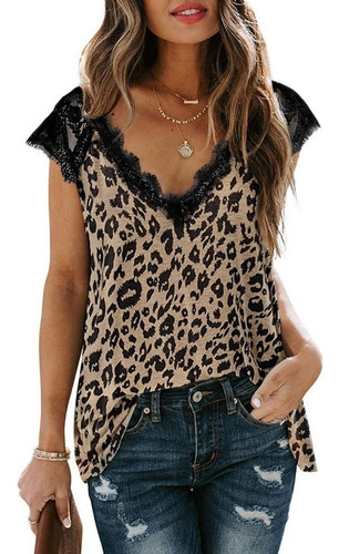 Blusa T-shirt Animal Print Leopardo Manga Corta Cuello V