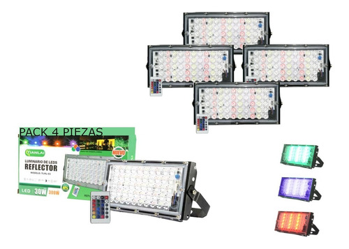 Pack 4 Piezas Reflector Rgb Led 30w Potencia Control Remoto