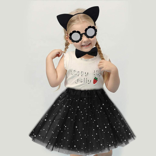 Conjunto De Disfraz De Gato Negro Para Niñas Con Cola, Oreja