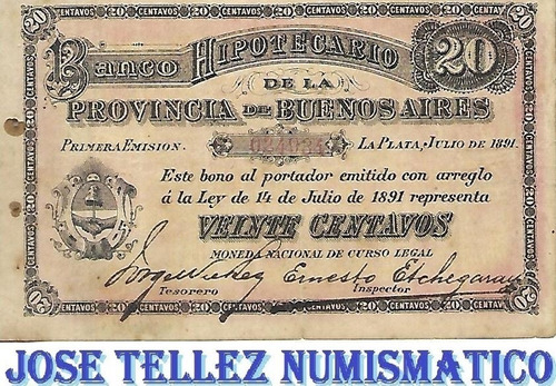 Billete Arg Banco Hipotecario 20 Centavos 1891 Mb- Palermo