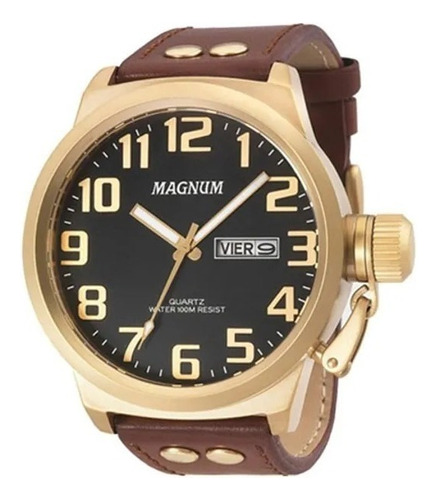 Relógio Masculino Magnum Original Prova D´agua Couro Marrom Cor do bisel Dourado Cor do fundo Preto