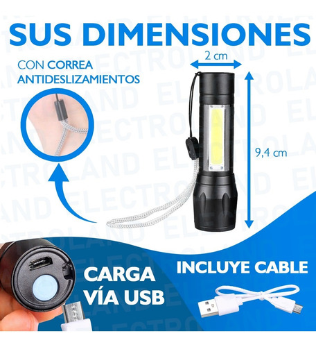 Imagen 5 de 10 de Mini Linterna Portátil Táctica Led Recargable Usb Zoom