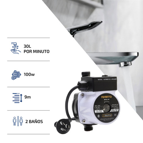 Bomba Presurizadora Centrifuga Femmto Elevadora Altura Presion 9 Metros Agua Negro Bp30l-9m Automatico O Manual 100w 2 Baños