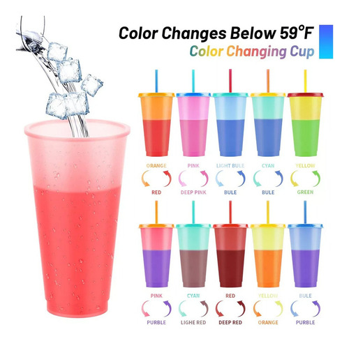 Vasos Magicos Cambian De Color Con Tapa Y Popote 700ml 10pzs