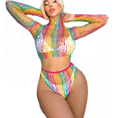 C^ Conjunto De Lencería De Red Arcoiris Sensual Con Gorro