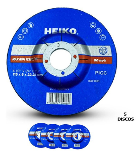 Disco De Desbaste Metal 4 1/2 Heiko Pack 5 Und Color Azul