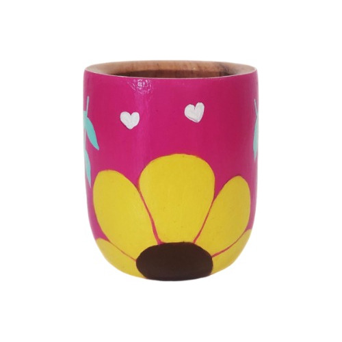 Mate De Algarrobo Pintado A Mano -  Fucsia Flor Amarilla 