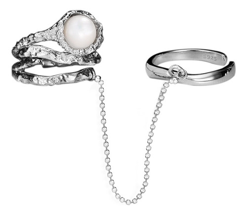 Doble Anillo Con Cadena Perla 8mm Plata S925 Moda Mujer