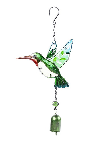 Adorno Móvil Colgante Colibrí Metal Y Vidrio Campana Verde