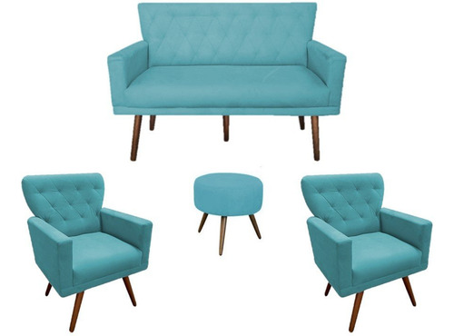 Namoradeira + 2 Poltronas Aurora + Puf Redondo Suede Azul Turquesa