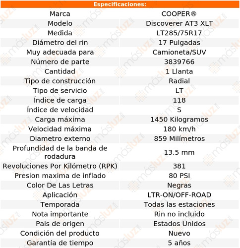 1 Llanta Discoverer At3 Xlt Cooper Lt285/75r17 118s