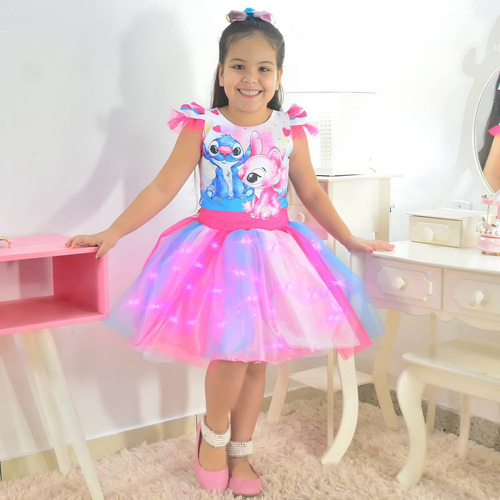 Vestido Stitch E Angel - Saia Tutu Colorido Com Led