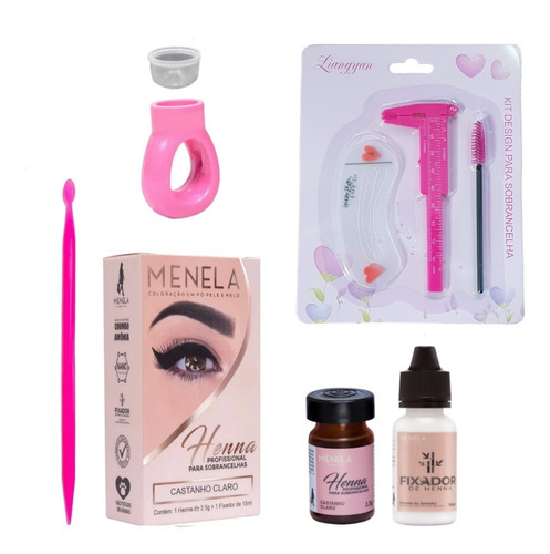 Kit Rosa Sobrancelha Henna Menela Com Palito Anel Paquímetro Cor Castanho Claro