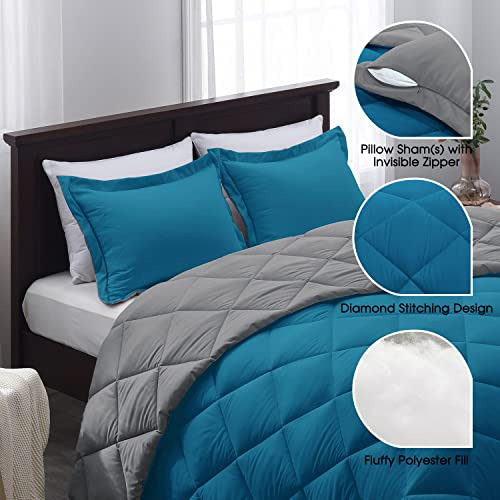 Juego De Edredon Tamaño Queen Reversible Color Azul Y Gris Azul Y Gris Liso