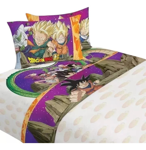 Pack Dragon Ball Súper Colcha Sábana Almohada Matrimonial Naranja Dragon Ball Súper