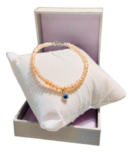 Pulsera Perla Chicas De Rio Rosa C/ Dije Ojo Turco Plata 925