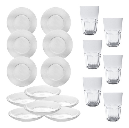 Set Juego Vajilla 6 Platos Playos + 6 Hondos + Vasos Vidrio 