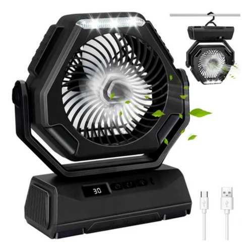 Ventilador De Camping Portátil Recargable Con Luz Led Y Ganc Cantidad De Aspas 3 Estructura Negro Aspas Blanco Diámetro 19.5 Cm Material De Las Aspas Plástico