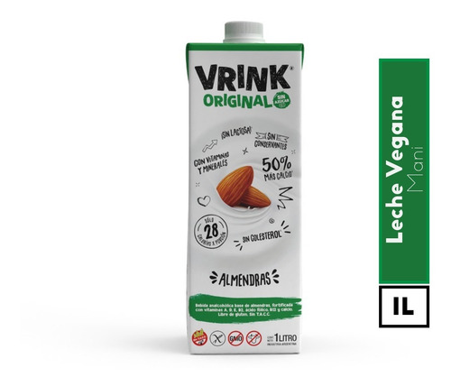 Imagen 2 de 4 de Vrink Leche Almendras Original S/azucar X 1lt Vegana S/tacc