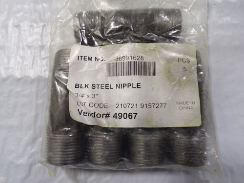 (5pk) Black Pipe Nipple: Nb05030, 3/4 Dia X 3 Long Ddc