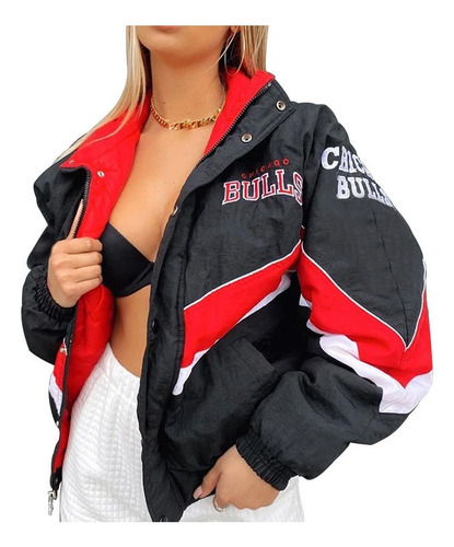Chaqueta Negra Dama De Moda Con Estampado Bulls