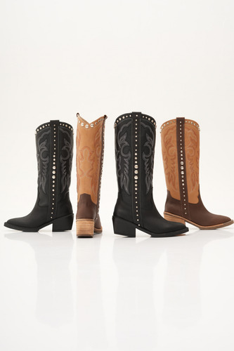 Botas Texanas Mujer Cuero Taco Medio Tachas Bordados Herol