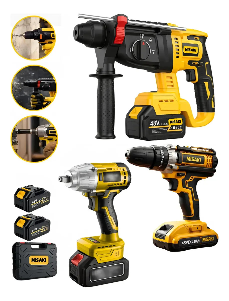 Kit Jogo Multi 3 Ferramentas Martelete Rompedor + Furadeira Parafusadeira + Chave De Impacto Alta Potência Sem Escovas + 2x Baterias 48v Sem Fio Uso Profissional E Domestico Completos