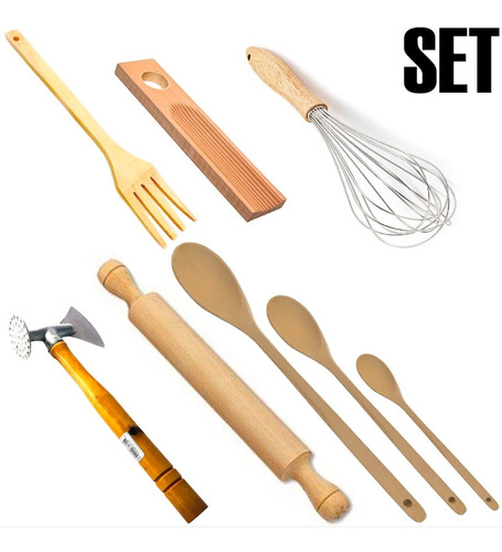 Set Utensillos Madera Martillo + Batidor + Cuchara + Ñoquera