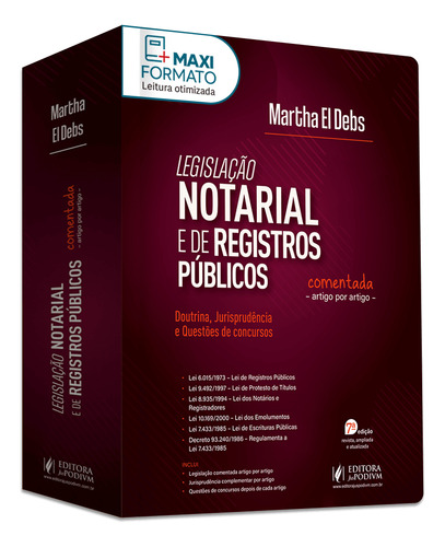 Legislação Notarial E De Registros Públicos Comentada Artigo Por Artigo (2023), De Martha El Debs. Editorial Juspodivm, Capa Dura, Edição 7a Edição Em Português, 2024